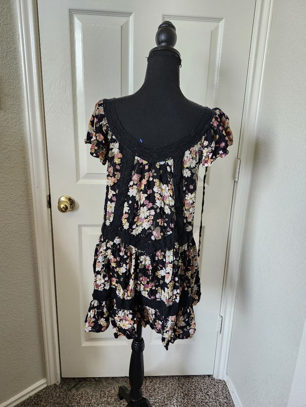 Anthropologie Black Floral Mini Dress with Pink & Cream Blossoms